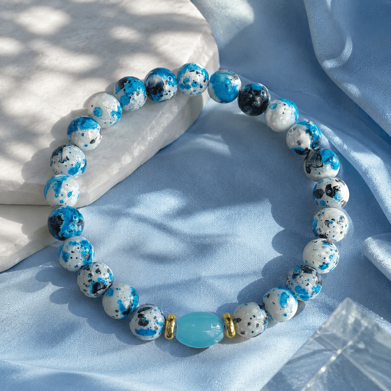 Wealth Bead Bracelet with Blue Agate, Prosperity Design